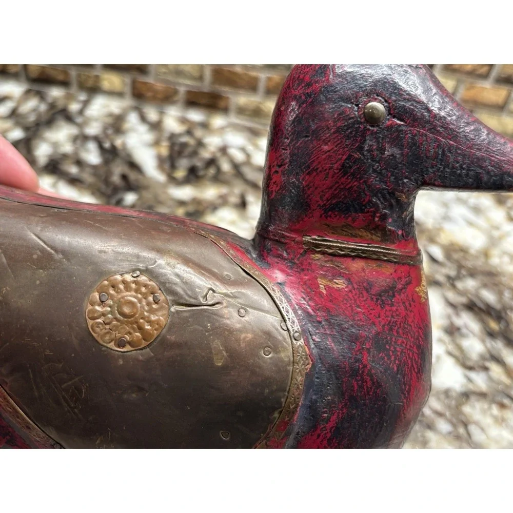 Vintage DUCK Hand Carved Wooden Copper figurine 5 1/2 H 8' L